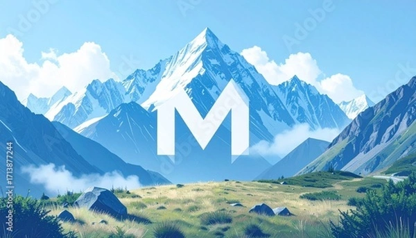 Fototapeta Floating 3D metallic letter M in a mountain valley with mist, pine trees, and wildflowers.