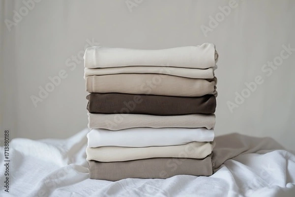 Obraz T-shirt Mockup stacked folded t-shirts in neutral tones, clean and professional composition, copy space, background color white, minimalism, stock vector