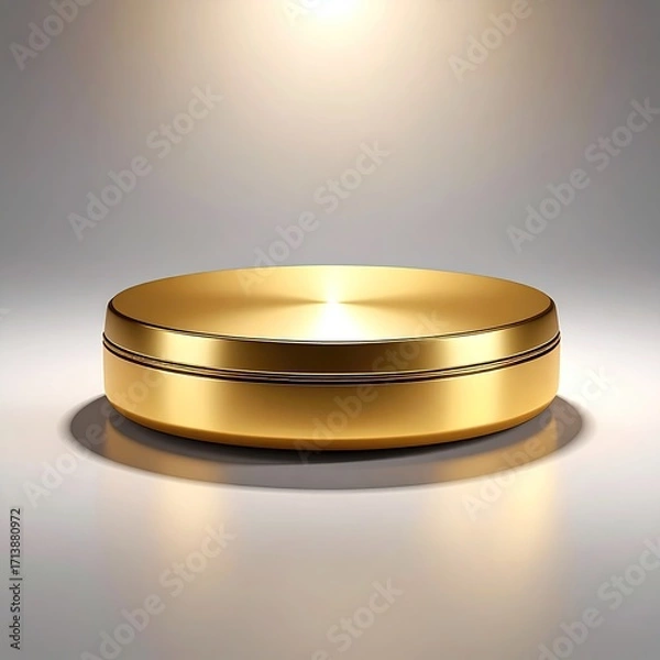 Fototapeta Shiny Gold Circular Podium on a Reflective Surface with a Bright Spotlight Above