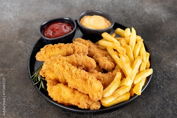 Fototapeta Crispy chicken strips with ketchup and cheese sauce on a dark background. Close-up. Fast food.