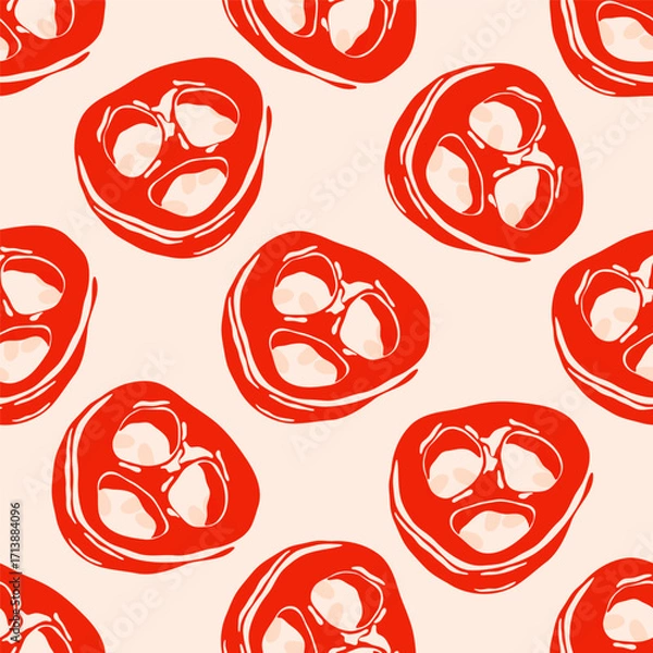 Fototapeta Hot chili pepper pattern. Seamless print of spicy paprika vegetable, red cayenne pepper vegetable, sliced rings of red chilli pepper repeated background flat style. Vector texture