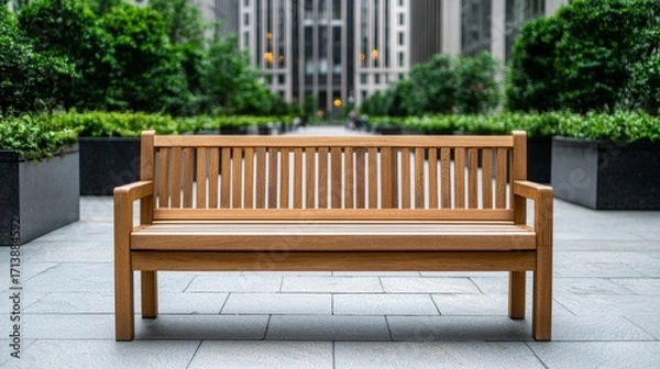 Fototapeta Modern Park Bench Surrounded by Lush Greenery in an Urban Setting