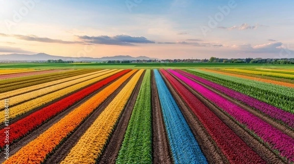 Fototapeta Vibrant Rows of Tulips on a Modern Suburban Farm with Beautiful Sunset Background