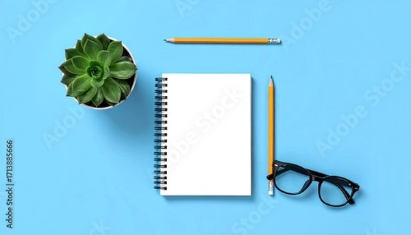 Fototapeta Minimalist flat lay of succulent plant, open notebook, pencils, and glasses on blue background