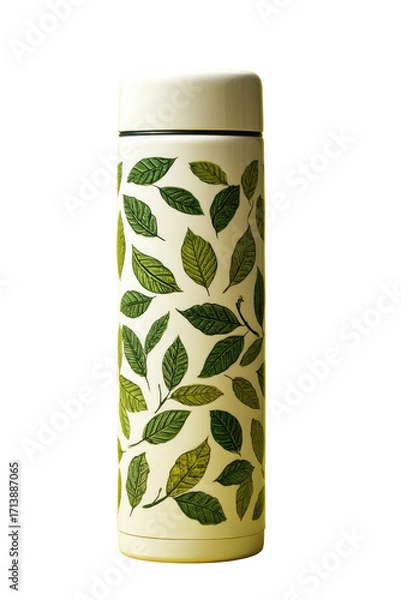 Fototapeta Vertical, cylindrical insulated water bottle.  Cream-colored body decorated with a repeating pattern of various shades of green leaves.  Smooth, rounded top and bottom.  Clean, simple design
