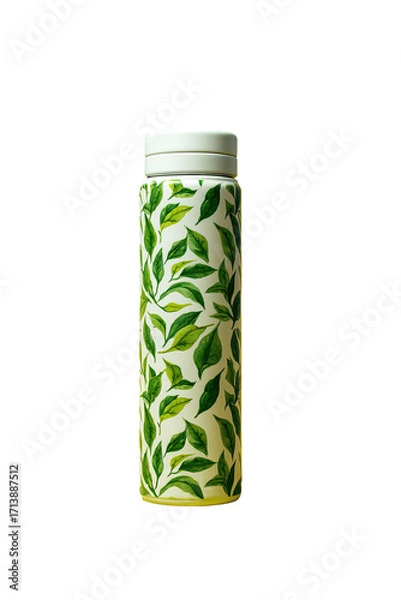 Fototapeta Vertical, cylindrical container, white background, decorated with light green leaves on a white surface.  A white lid is visible