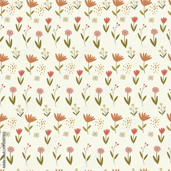 Fototapeta Seamless pattern with different hand drawn flowers. Tulip, daisy, berry and dots cute floral pattern. Vector illustration.