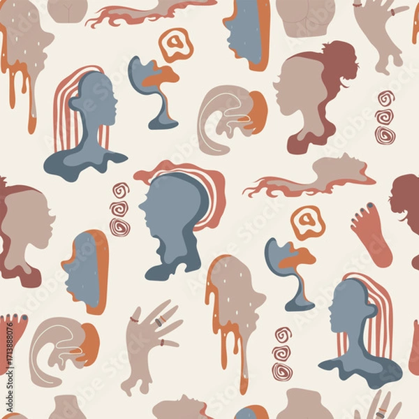 Fototapeta Abstract human face, hand leg, seamless pattern. Vector illlustration with abstract face.