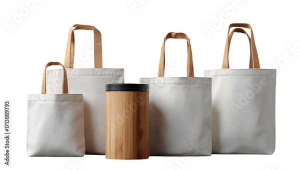 Fototapeta Several blank, off-white canvas tote bags of varying sizes are displayed. A light-brown bamboo tumbler sits between them