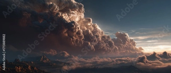 Fototapeta Majestic Cumulonimbus Clouds Bathed in Golden Sunset Light, Creating a Dramatic Sky Panorama.