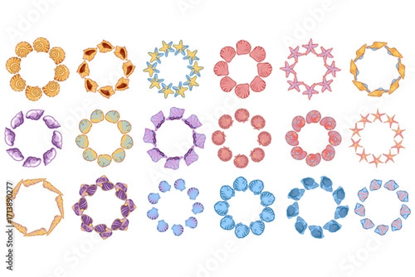 Fototapeta Set of decorative sea shell and starfish wreaths, marine summer frames collection