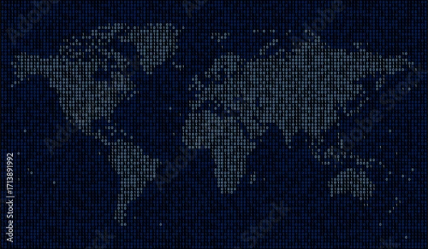 Fototapeta Blue dotted map world composed by a texture of zeros and ones binary digits. Technology background.
