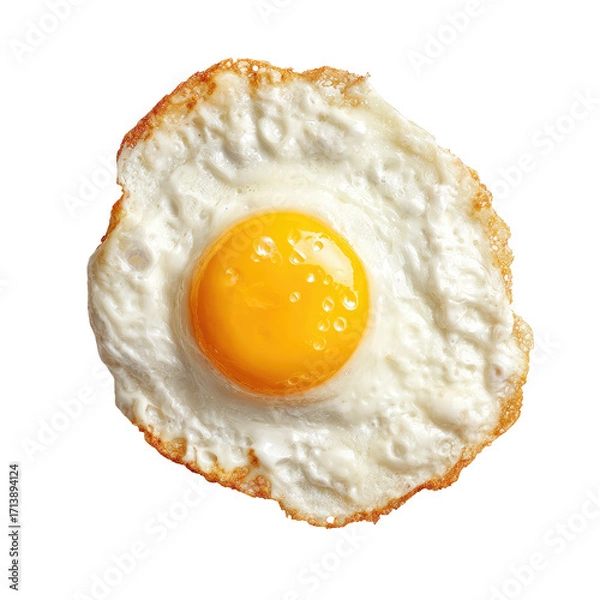 Fototapeta Fried egg, sunny-side up, close-up.  Golden-brown, crispy edges.  Yolk is bright, runny