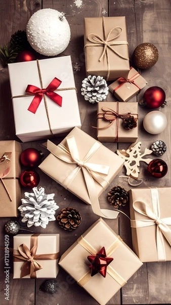 Fototapeta Christmas gifts and decorations on a wooden surface