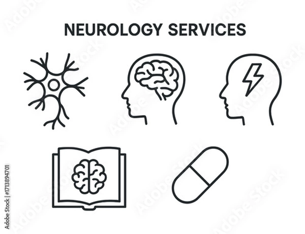 Fototapeta Neurology services icons: brain, neuron, book, pill, headache symbols
