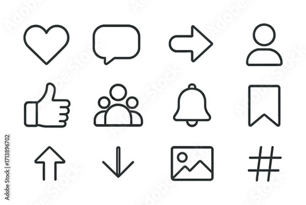 Fototapeta Set of vector icons: heart, speech bubble, arrow, user, thumbs up, group, bell, bookmark, upload, download, image, hashtag