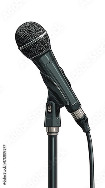 Fototapeta A dark gray microphone on a stand.  Its  dark gray,  smooth body, textured  cap, and attached cable are depicted