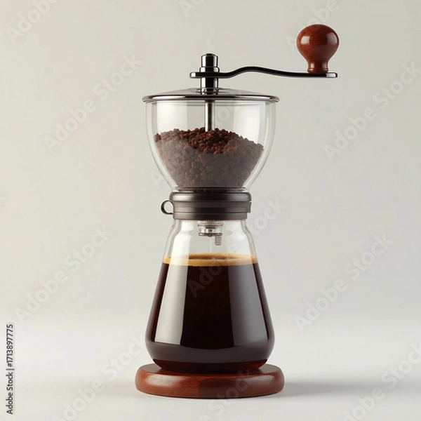 Fototapeta manual coffee grinder with a glass bottom chamber and a dark, stylish handle
