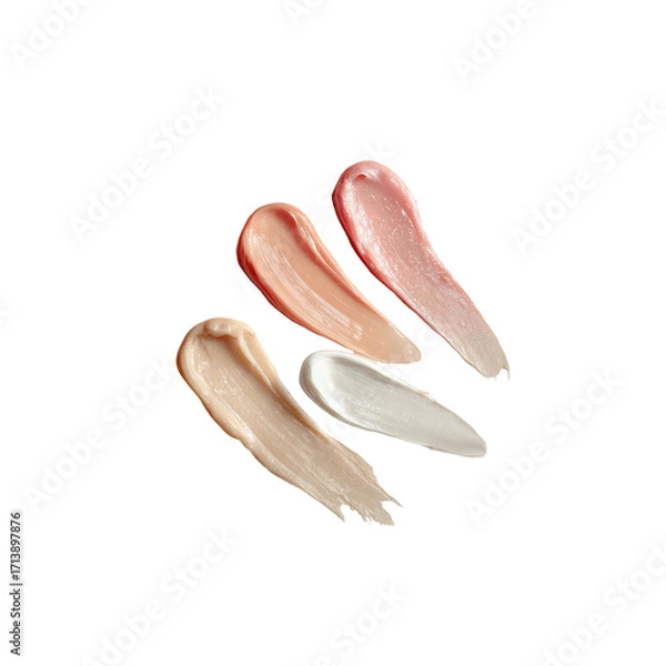Fototapeta Swirls of four different tinted moisturizers, displayed in varying shades of peach, pink, beige, and white.  Creamy textures are highlighted by their smooth, soft, and slightly irregular shapes