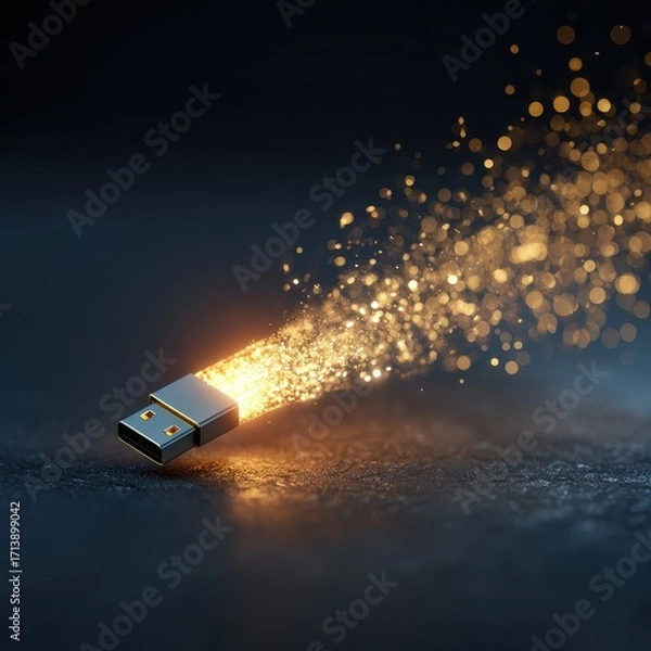 Fototapeta Radiant USB Flash Drive Emitting Golden Digital Data Stream, Symbolizing Fast Connectivity and Innovation.