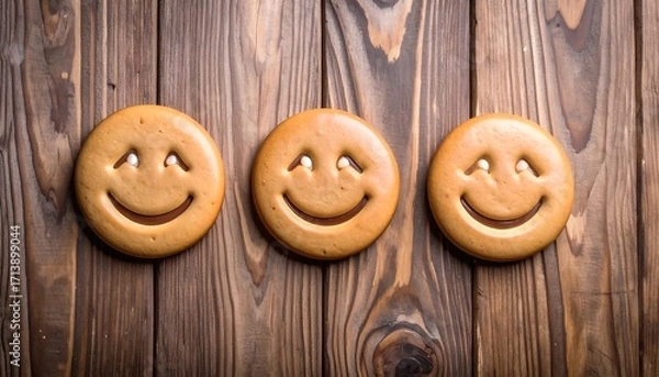 Fototapeta Three smiley face cookies on a wooden surface