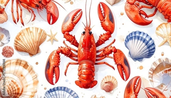 Fototapeta Colorful seafood pattern on a white background