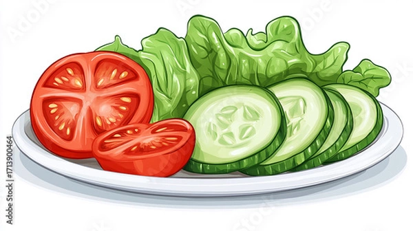 Fototapeta Fresh Garden Salad: A vibrant plate of fresh garden salad, featuring juicy sliced tomatoes, crisp cucumber, and leafy lettuce.