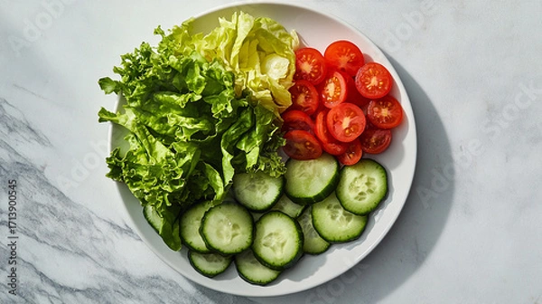 Obraz Fresh Vegetarian Salad: A vibrant plate artfully arranged with crisp lettuce, juicy tomatoes, and refreshing cucumber slices, a celebration of nature's delicious bounty.