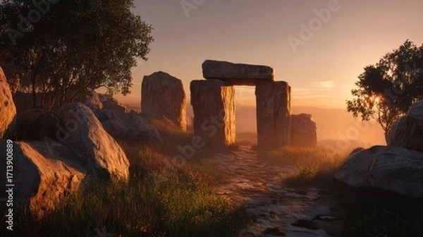 Fototapeta Mystical Stonehenge at Sunrise - Ancient Stones Bathed in Golden Light, Atmospheric Scene.
