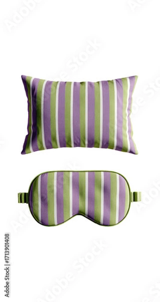 Fototapeta A sleep set featuring a pillow and eye mask.  Both items have a light-purple/lime green vertical striped pattern