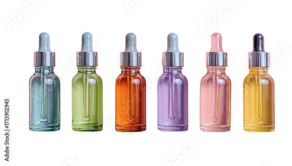 Fototapeta Row of six clear glass dropper bottles, each with a pastel-colored liquid inside and a silver dropper cap