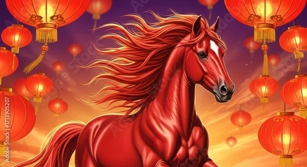 Fototapeta Red horse running among glowing lanterns in the sunset for New Year 2026  