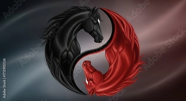 Fototapeta Black horse and red dog in yin yang design representing balance  