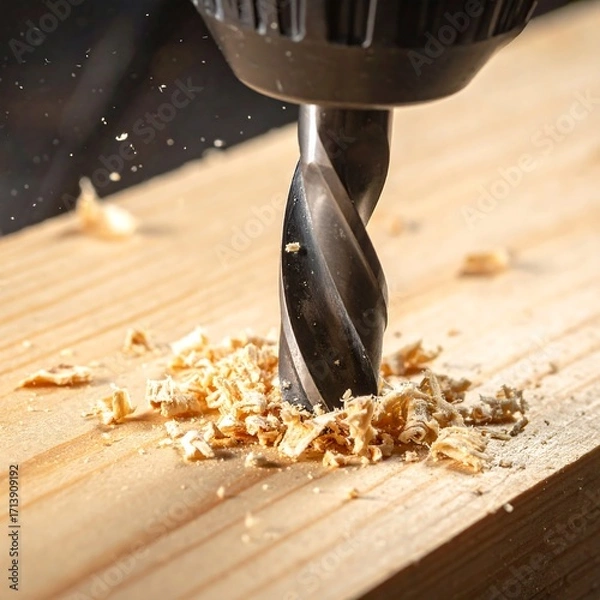 Fototapeta Close-up of drill bit piercing wood
