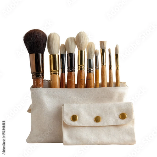 Fototapeta Makeup brushes in a natural canvas pouch.  Variety of sizes and shapes.  Wooden handles, natural bristles