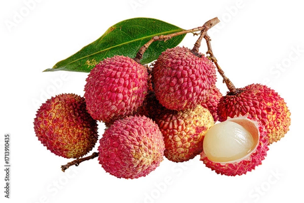 Fototapeta Close-up of a cluster of lychees, some whole and some halved, displaying their pale yellow flesh and reddish-pink skin.  Green leaves and stems are attached