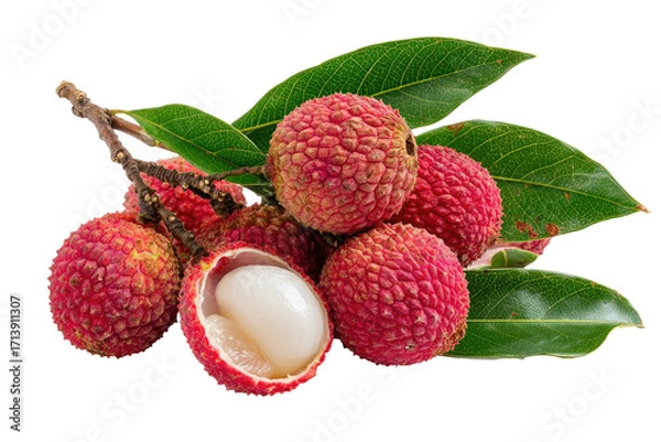 Fototapeta Close-up of lychees, some halved, on a branch with leaves