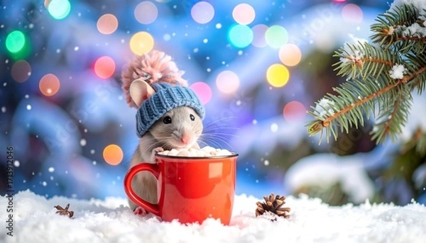 Fototapeta Cute mouse in a hat with hot cocoa in snow