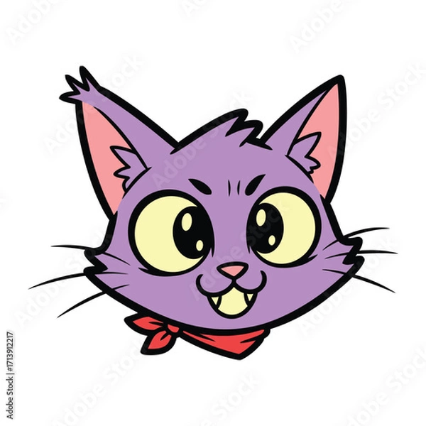 Fototapeta Cheerful Cat Cartoon: An adorably illustrated cartoon cat with vibrant colors and a playful expression. Its smiling face, oversized eyes, and dapper neckerchief exude joy and silliness.