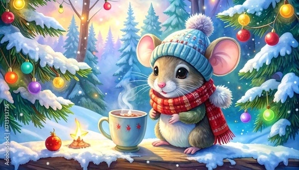 Fototapeta Cute mouse with hot drink in snowy forest