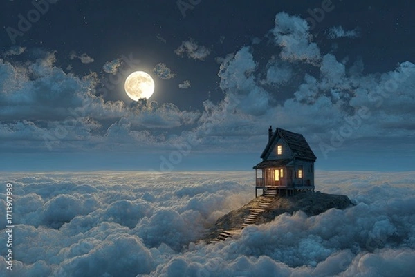 Fototapeta A wooden house sits atop a hill surrounded by clouds under a full moon Stairs lead up to it