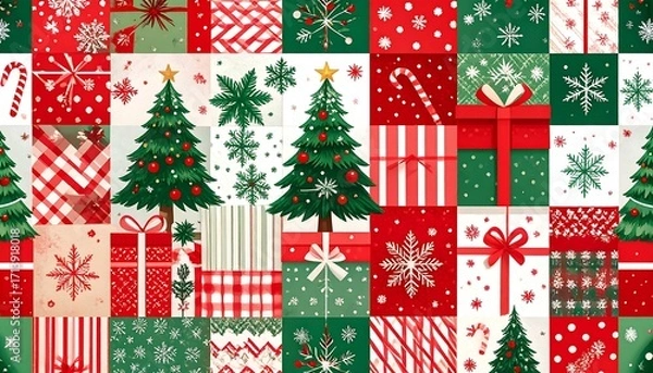 Fototapeta Christmas patchwork pattern with trees and presents
