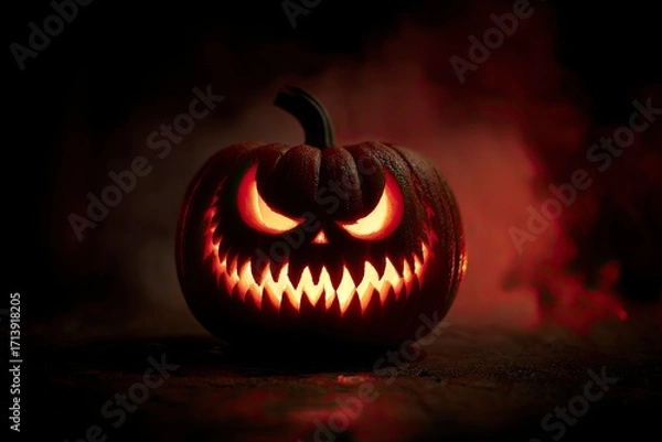 Fototapeta An illuminated menacing jackolantern with jagged teeth and fiery eyes sits amid shadowy ambiance
