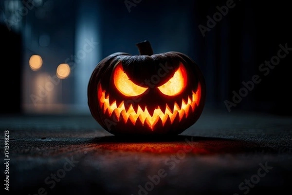 Fototapeta An illuminated menacing jackolantern sits on a dark street casting an eerie glow
