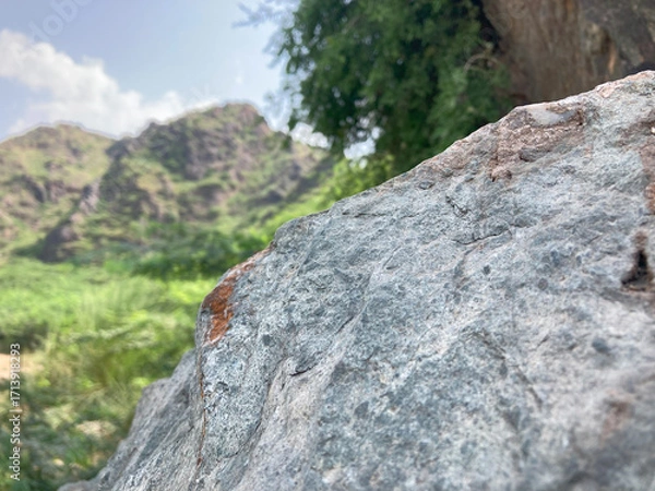 Fototapeta Close-up of a Textured Rock with Mountain Backdrop, close-up shot showcases the rugged texture of a weathered rock, juxtaposed against a blurred backdrop of lush green hills and a serene, open sky.