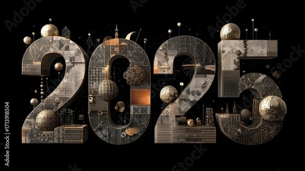 Fototapeta Architectural 2025 with spheres set against a stark black background