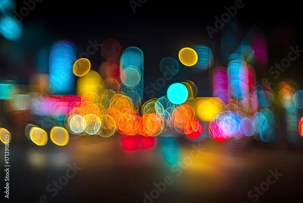 Fototapeta Blurred lights of a city at night colorful orbs and shapes against a dark background