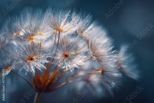 Fototapeta Closeup of a dandelion seed head its delicate white bristles radiating against a blurred dark blue background