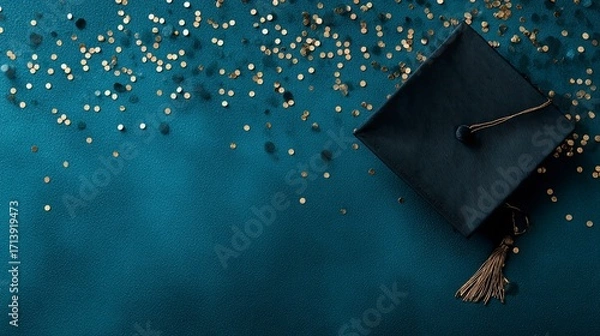 Fototapeta Dark graduation cap sits on a textured blue surface with golden confetti scattered above