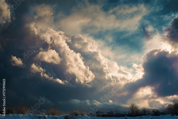 Fototapeta Dramatic sky with billowing clouds bright sunlight breaking through atop a snowy landscape with sparse vegetation